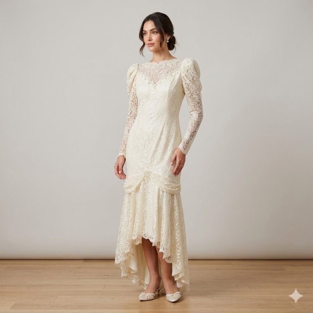 Vintage 80s Lace Wedding Dress‎ Cream Victorian Puff Sleeve Beaded High Low Gown